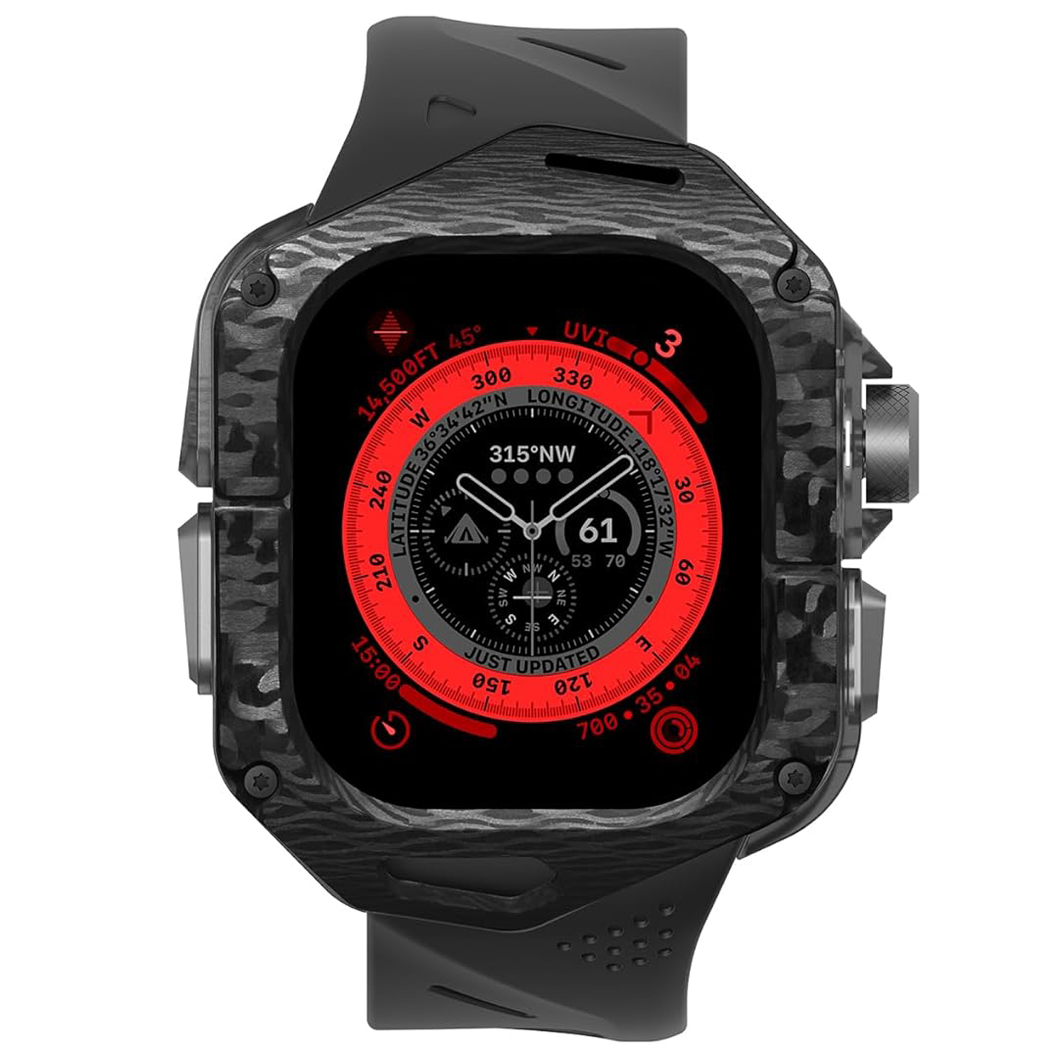 Set Husa si Curea pentru Apple Watch Ultra 1/2/3, Aulumu A01, din Fibra de carbon si cauciuc, Rezistenta la socuri, Butoane metalice tactile, Protectie 360°, Banda FKM elastica si durabila, Rezistenta la apa si transpiratie, Design premium, Negru
