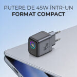Incarcator 45W Turbo Fast Charge GaN cu Afisaj Digital TFT DaDen, 1x USB Type-C, Incarcare Rapida Power Delivery PD 3.2 AVS, Monitorizare Putere si Temperatura, Protectie Inteligenta, Gri - imagine 2